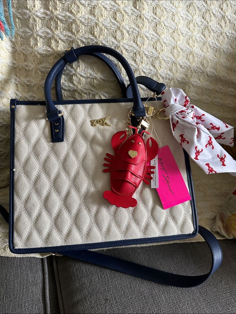Betsey Johnson Cute Ivory Quilted Satchel with Navy Trim and Red Lobster Charm